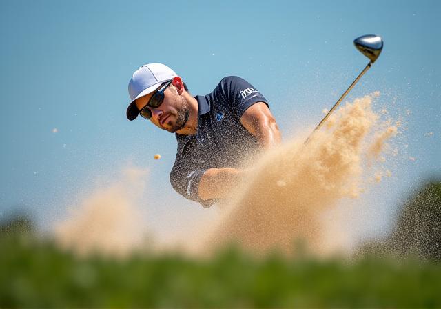 Ein dynamischer Bunkerschlag mit aufwirbelndem Sand